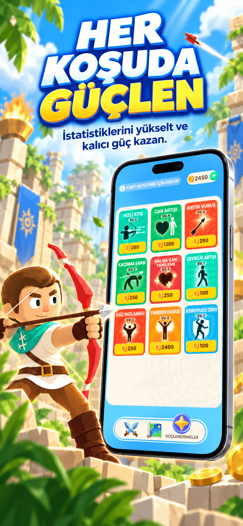 The Archer Kalıcı Yetenek Ağacı Ekranı — 3x3 Yetenek Matrisi
